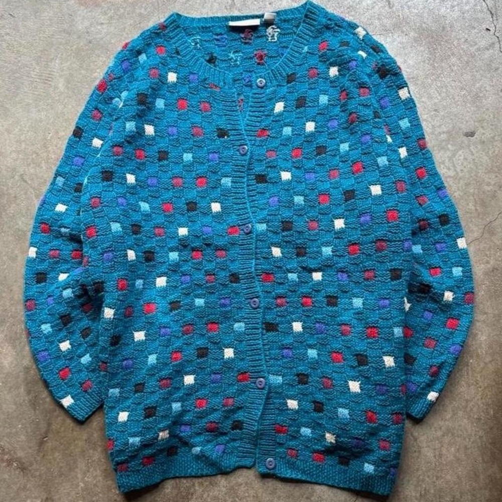 Vintage Multicoloured knit cardigan with button-up front and pockets women's XXL